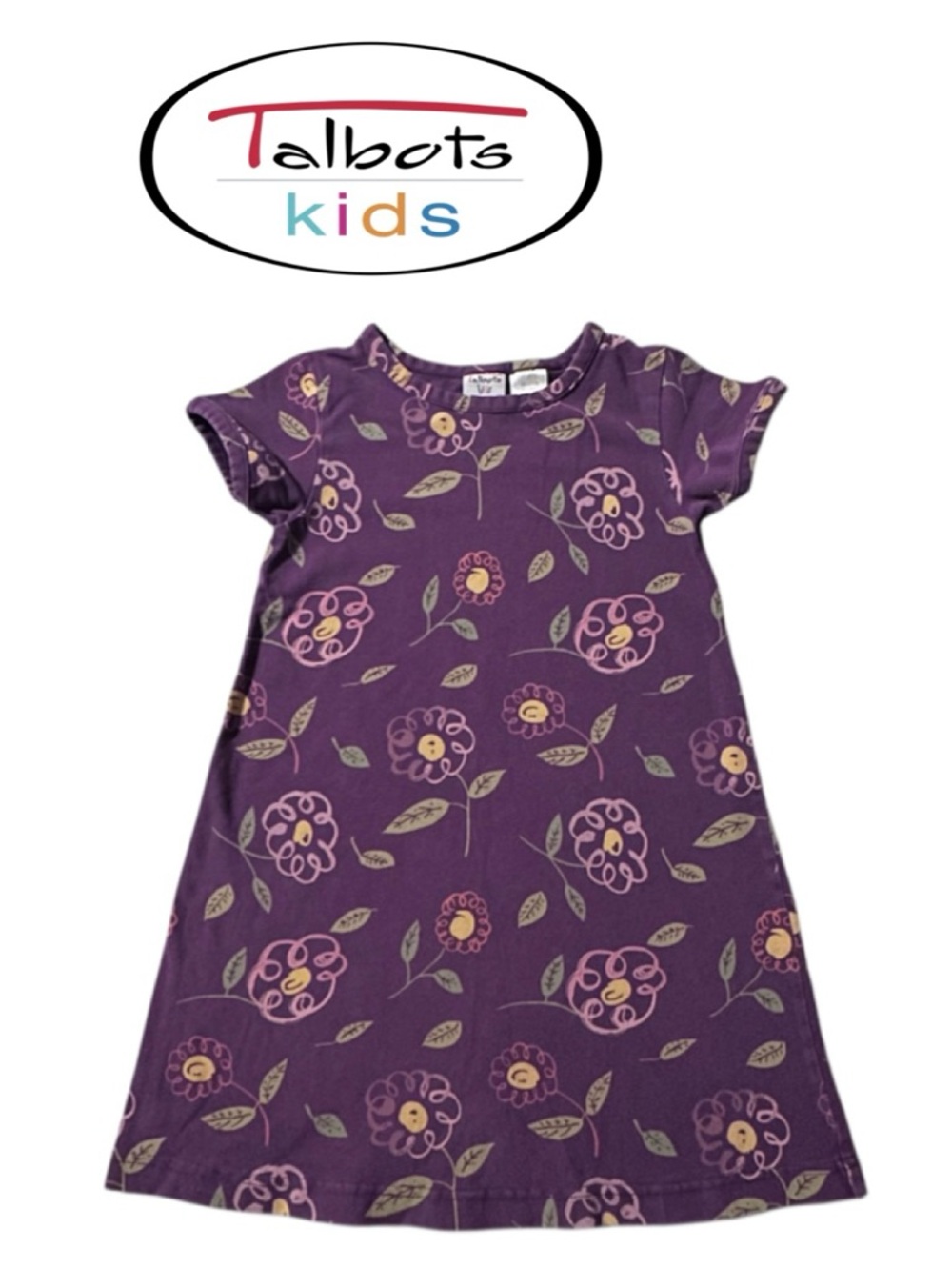 TALBOTS Kids Purple Floral Short Sleeve Knit A-line Dress Stretch Kid Girl 5